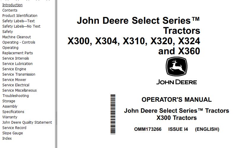 John Deere Tractors X300 X304 X310 X320 X324 X360 Operators Manual