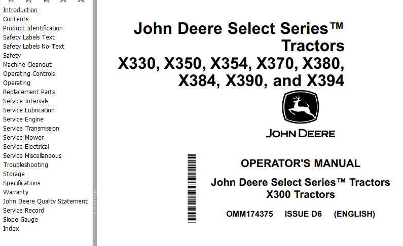 John Deere Tractors X330 to X394 Operators Manual