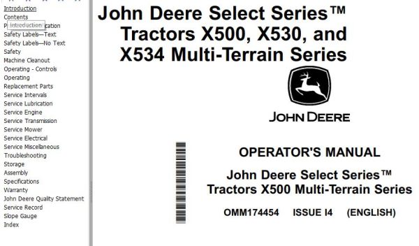 John Deere Tractors X500 X530 X534Multi Terrain Operators Manual