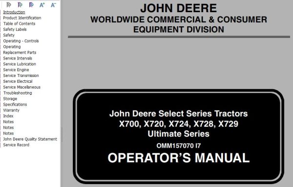 John Deere Tractors X700 X720 X724 X728 X729 Ultimate Operators Manual