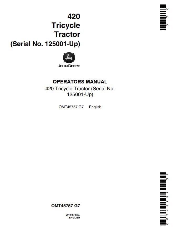 John Deere Tricycle Tractor 420 Operators Manual
