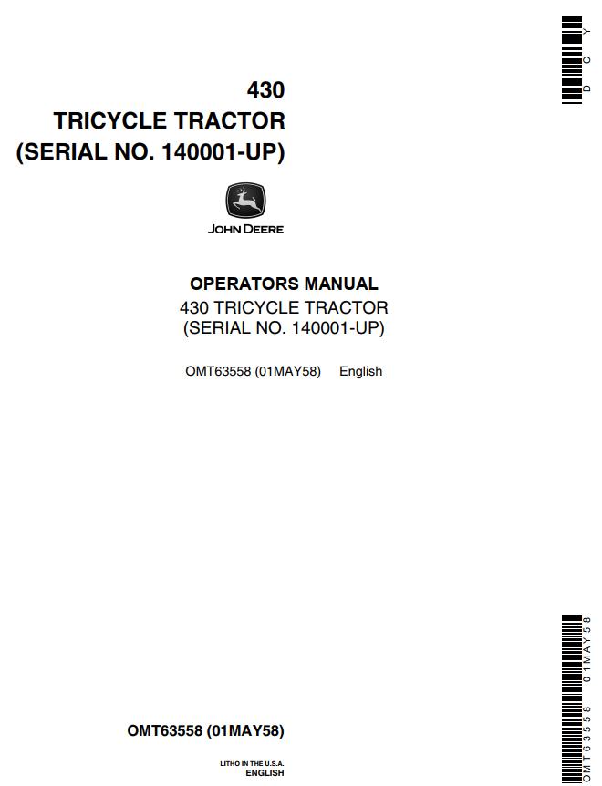 John Deere Tricycle Tractor 430 Operators Manual