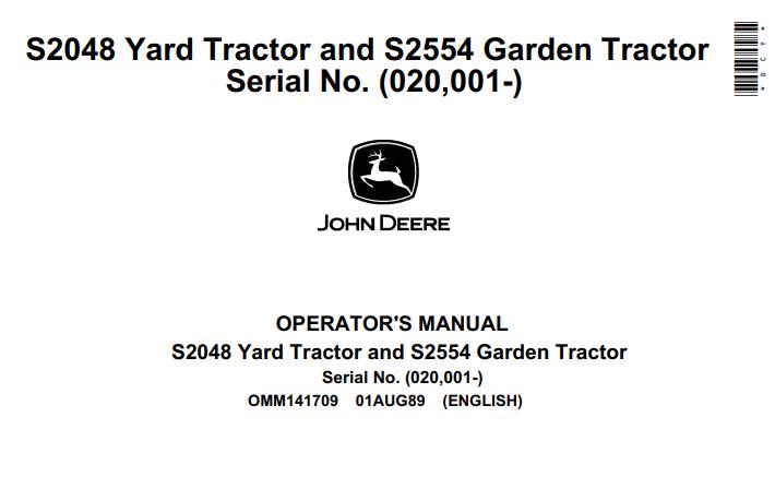John Deere Yard And Garden Tractor S2048 S2554 Operators Manual