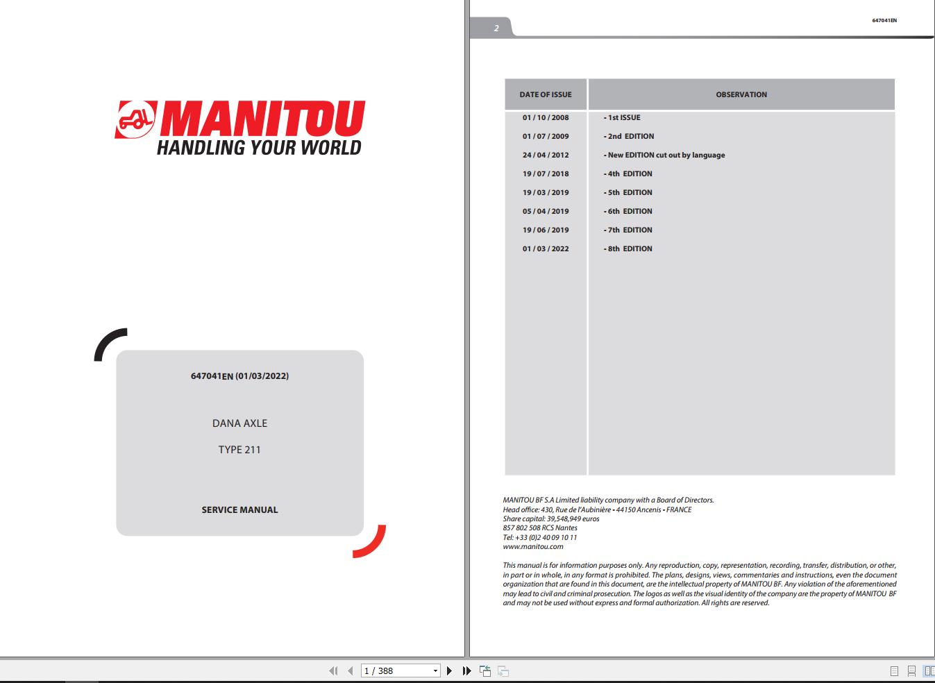 Manitou Dana Axle 211 Service Manual 647041EN