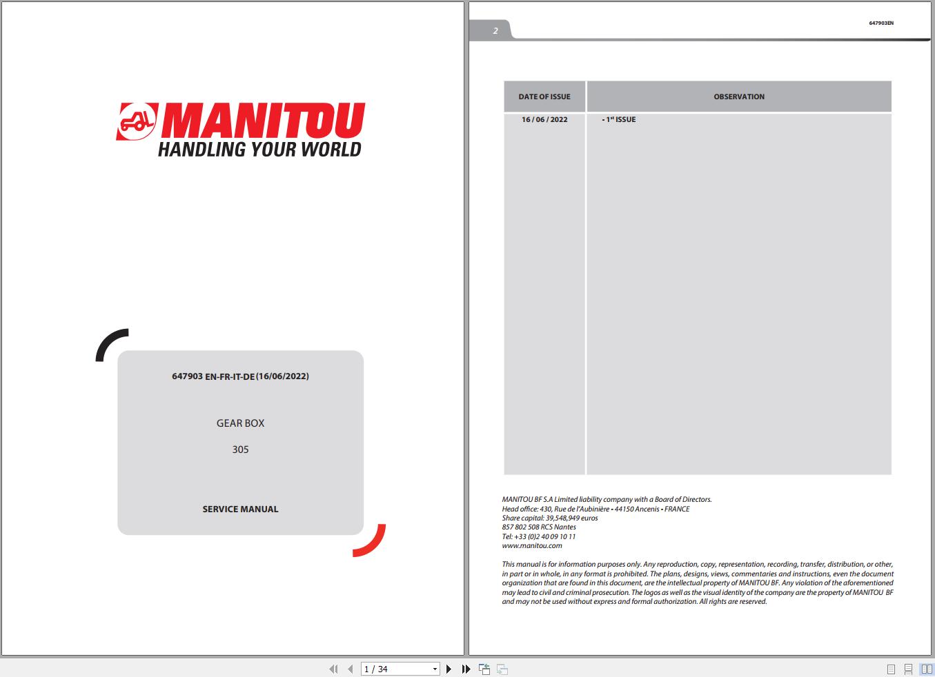 Manitou Gear Box 305 Service Manual 647903