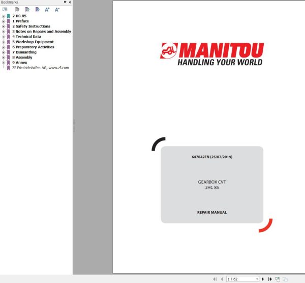 Manitou Gearbox CVT 2HC85 Repair Manual 647642EN