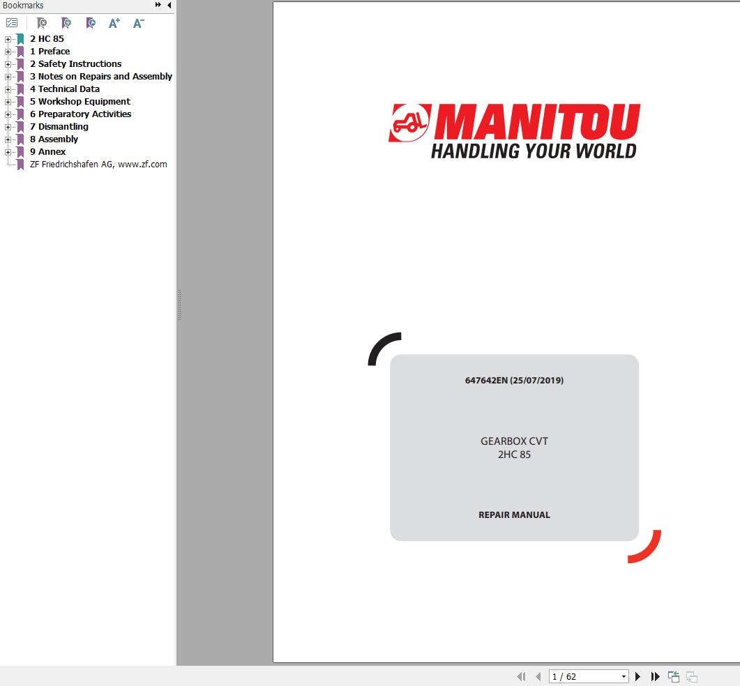 Manitou Gearbox CVT 2HC85 Repair Manual 647642EN