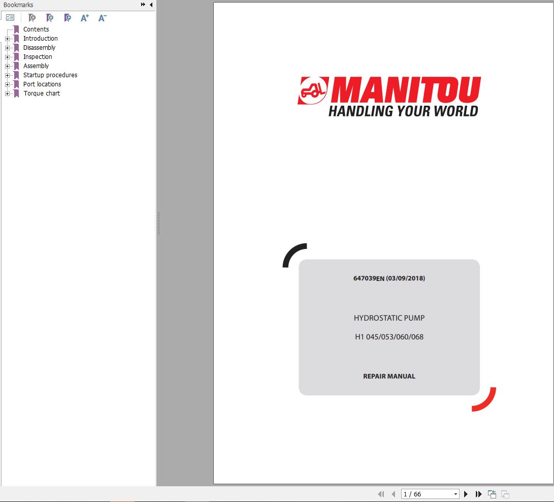 Manitou Hydrostatic Pump H1045 to H1068 Repair Manual 647039EN