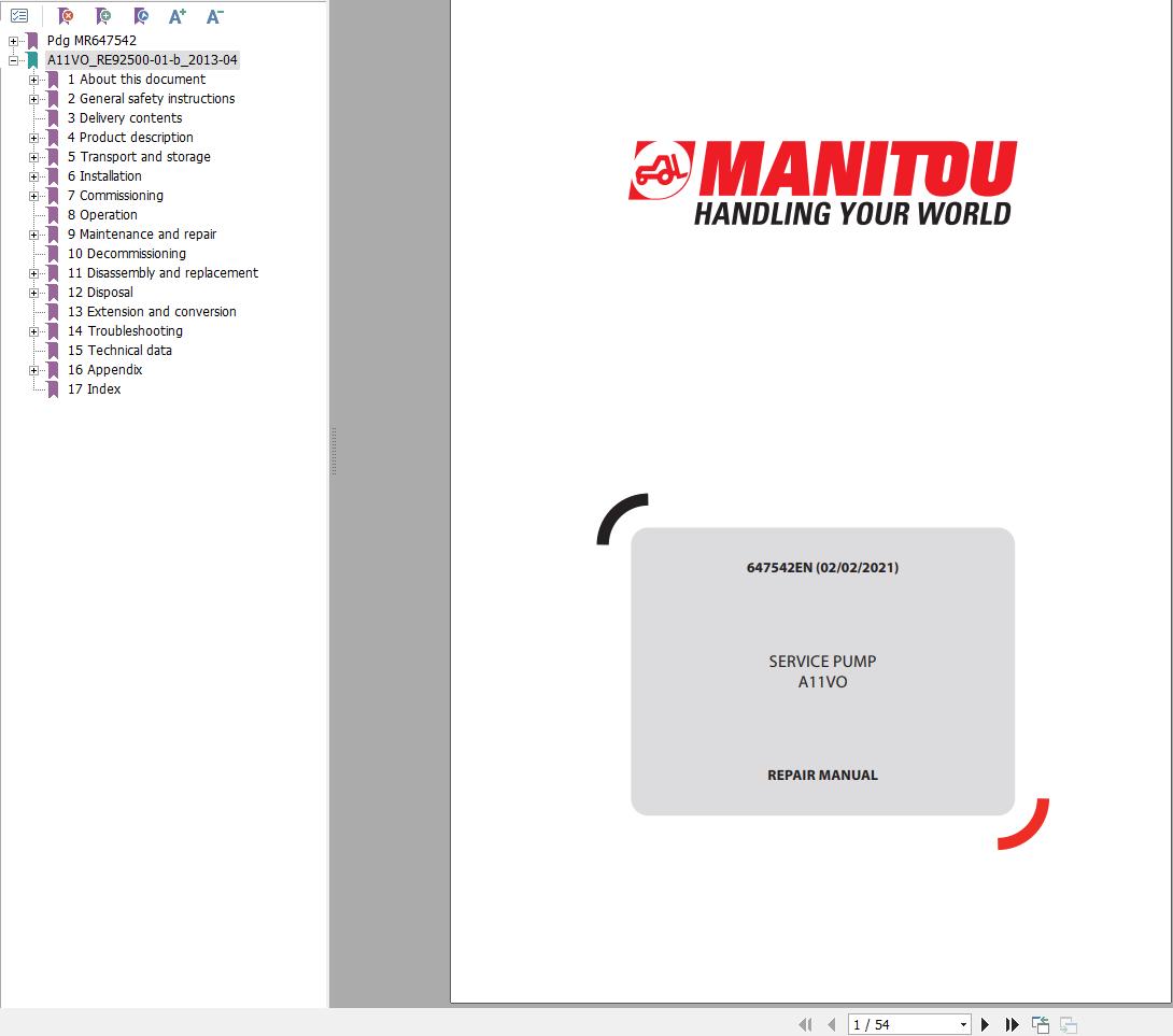 Manitou Pump A11VO Repair Manual 647542EN