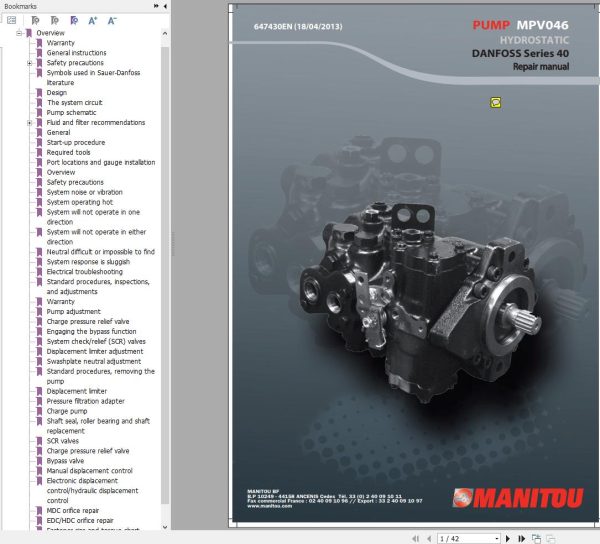 Manitou Pump Hydrostatic Danfoss MPV046 Series 40 Repair Manual 647430EN