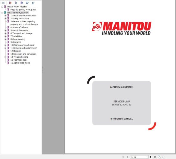 Manitou Pump Series 52 53 Service Manual 647525EN