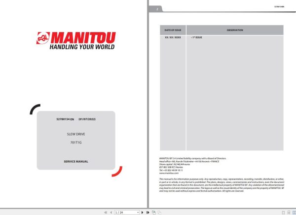 Manitou Slew Drive 701T1G Service Manual 5280154EN