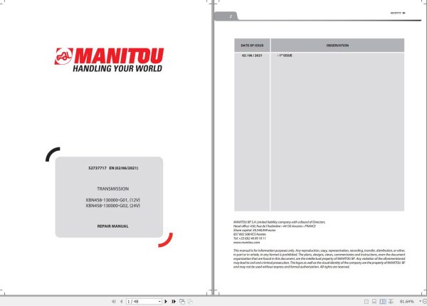 Manitou Transmission XBN458 130000 G0112V XBN458 130000 G0224V Repair Manual 52737717EN