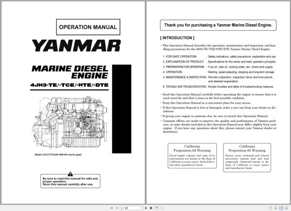 Yanmar Marine Diesel Engine 4JH3 TE 4JH3 TCE 4JH3 HTE 4JH3 DTE Operation Manual