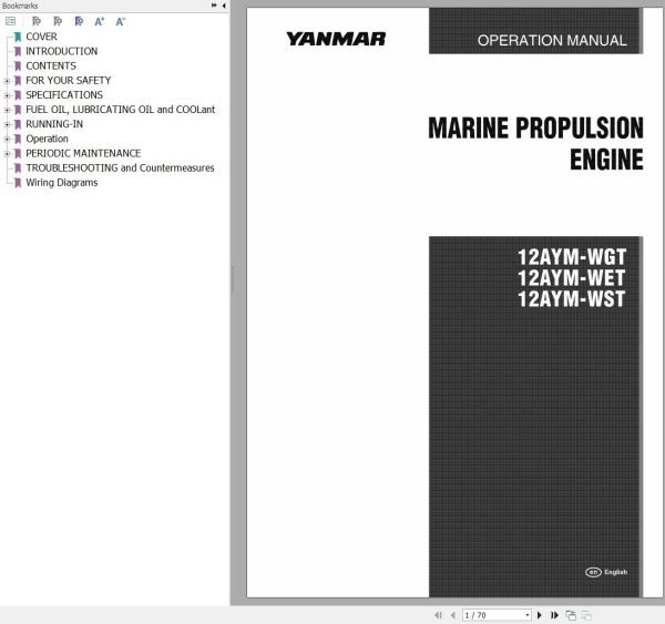 Yanmar Marine Propulsion Engine 12AYM WGT 12AYM WET 12AYM WST Operation Manual