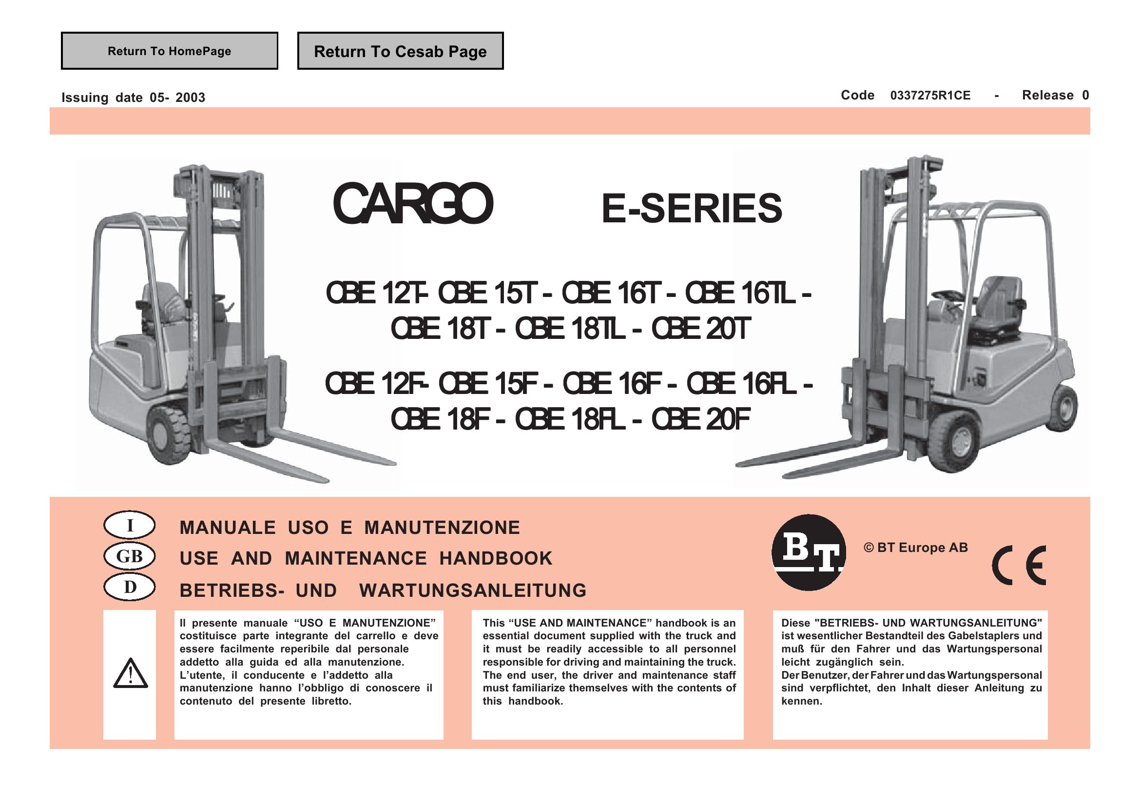 BT Forklift Cargo E Series Use and Maintenance Handbook EN IT DE