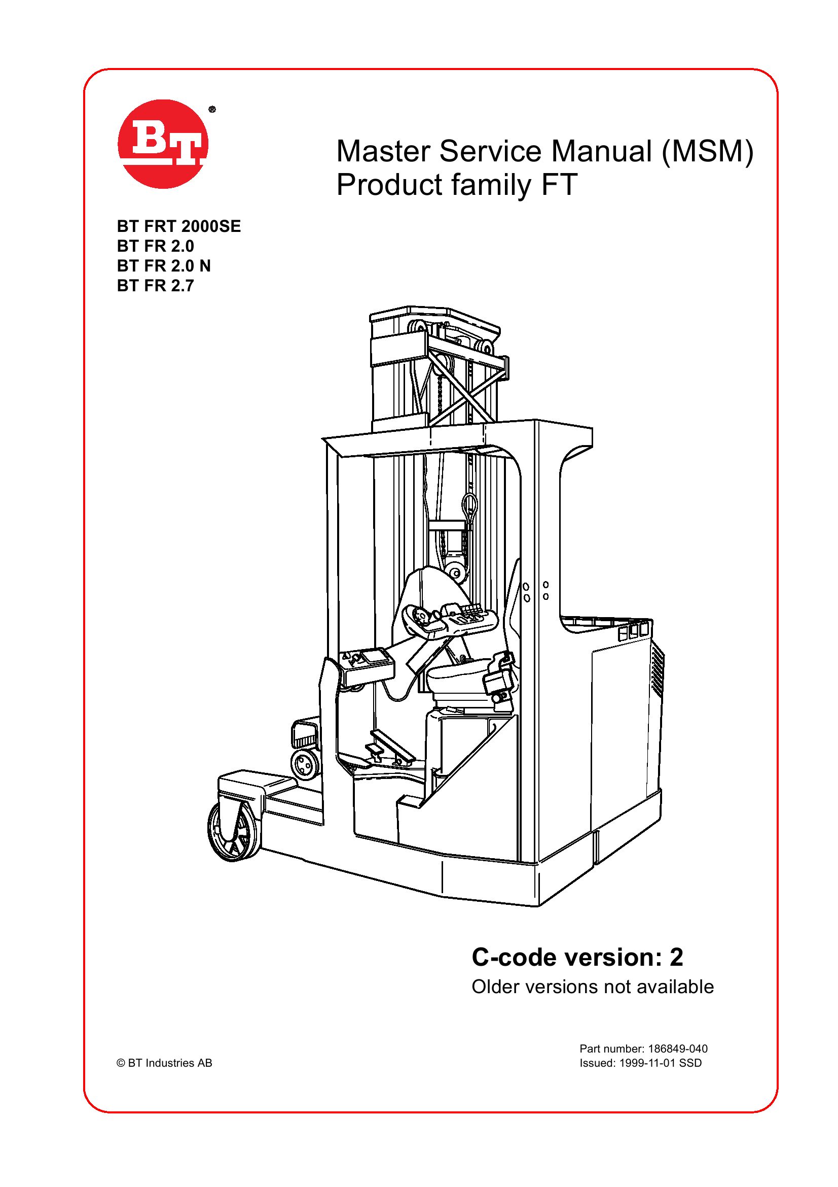BT Forklift FRT 2000SE 2.0 N 2.7 Master Service Manual