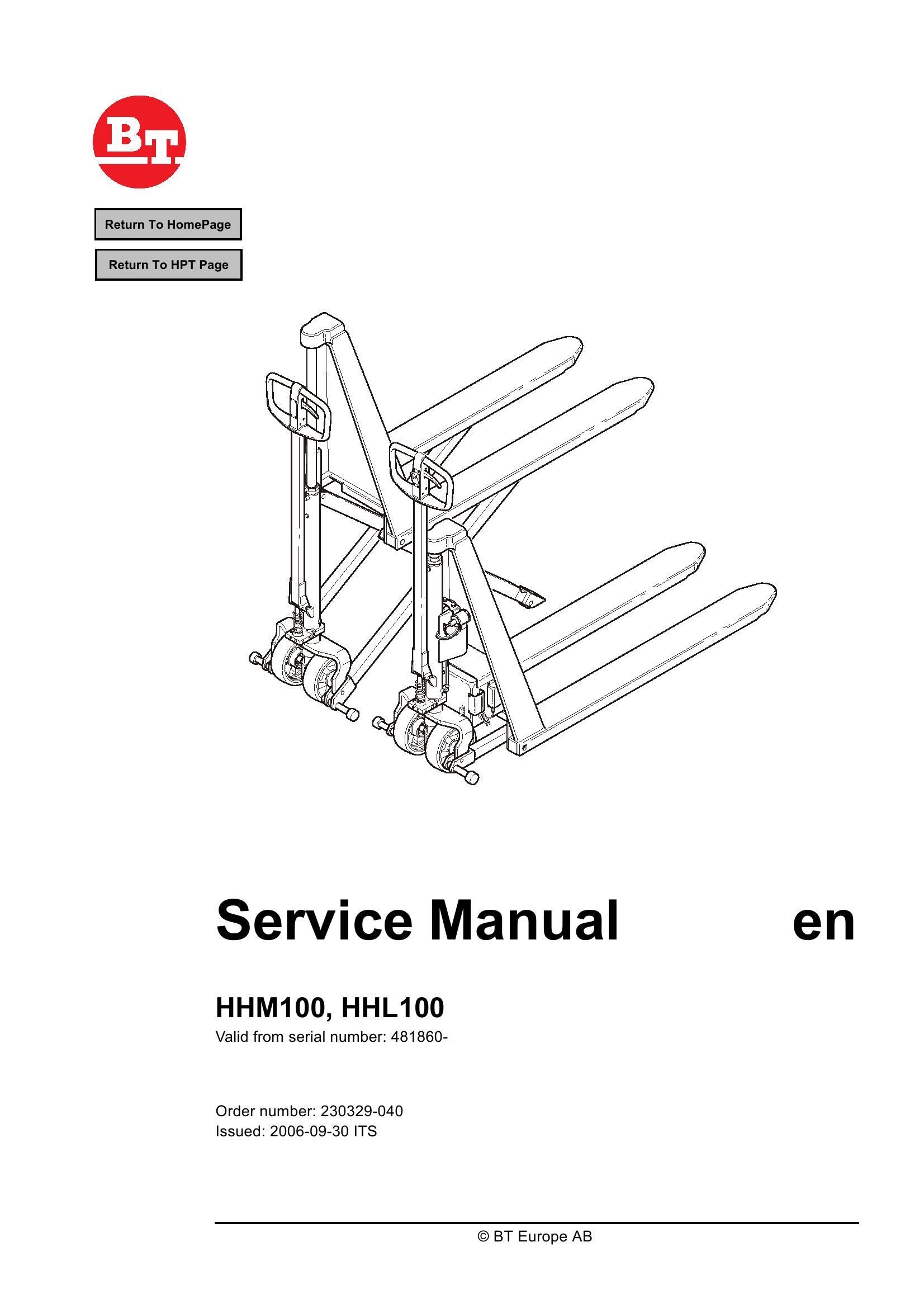 BT Forklift HHM100 HHL100 Service Manual