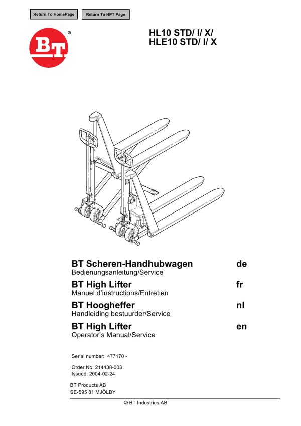 BT Forklift HL10 HLE10 STD I X Operators and Service Manual EN DE FR NL