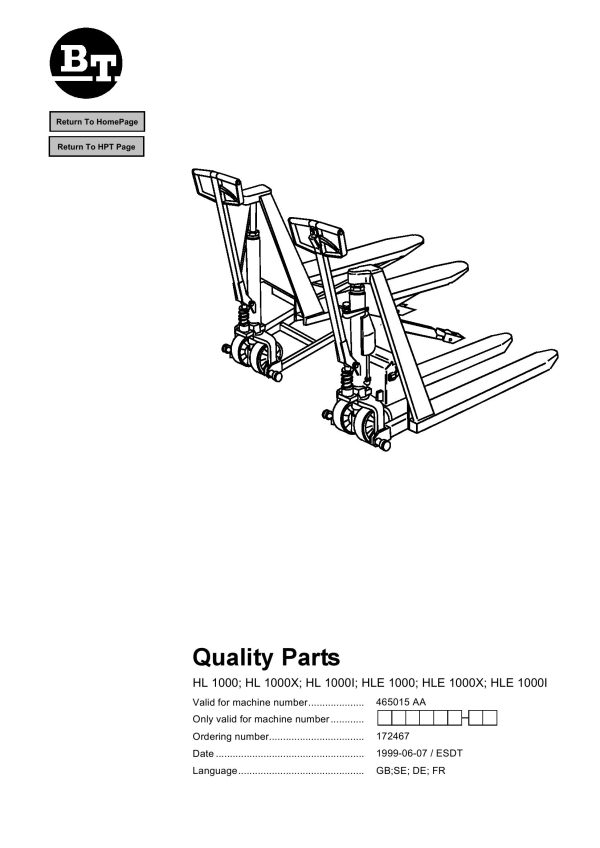 BT Forklift HL1000 HLE1000 Parts Catalog EN SV DE FR