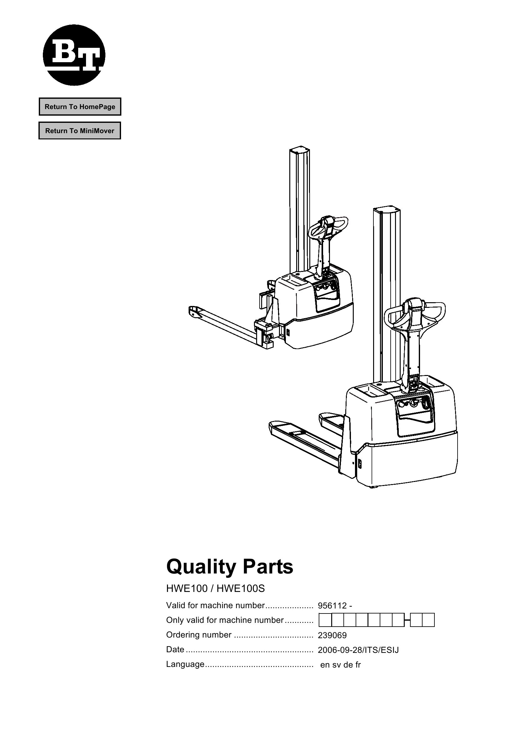 BT Forklift HWE100 HWE100S Parts Catalog