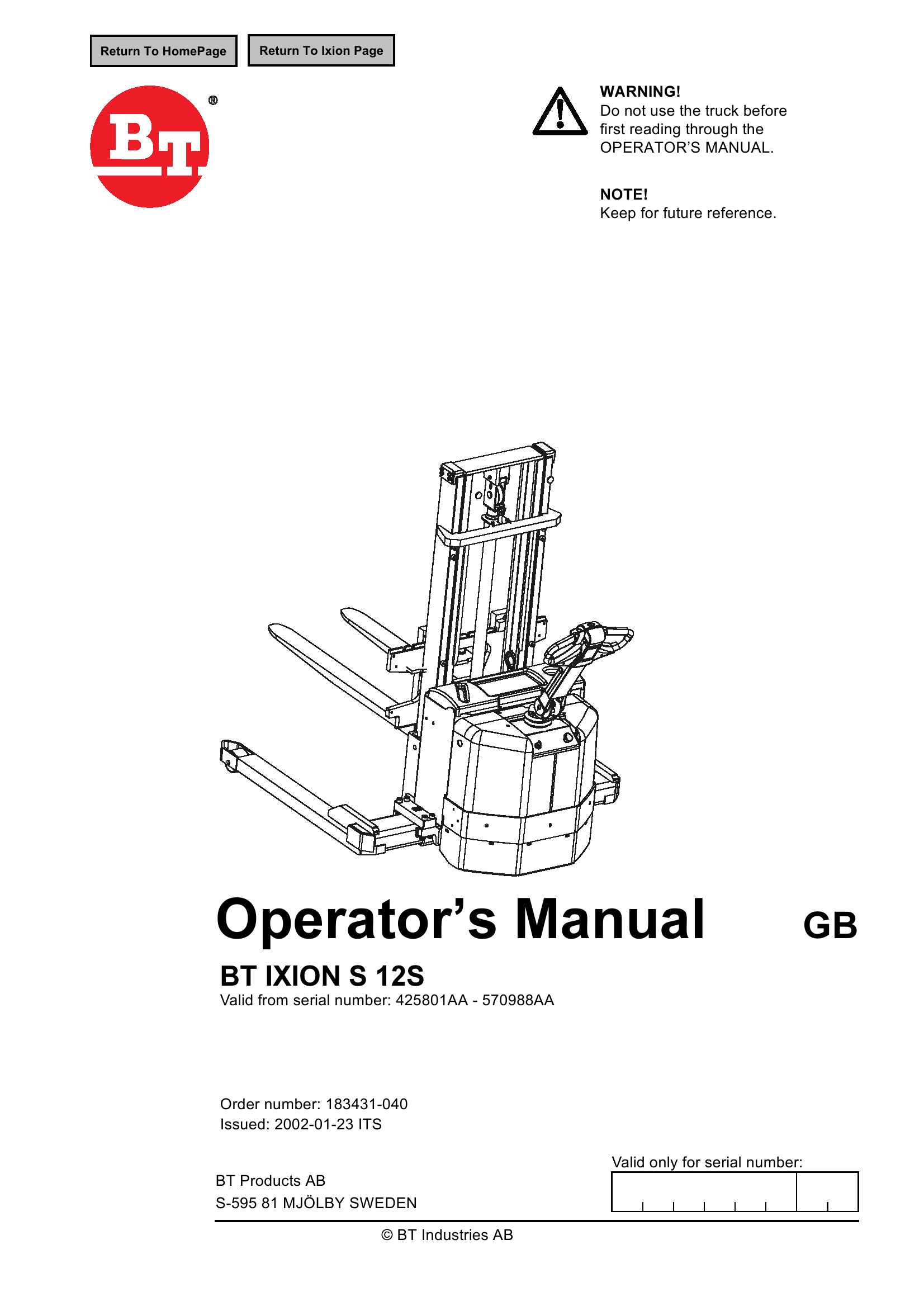 BT Forklift Ixion S 12S Operators Manual