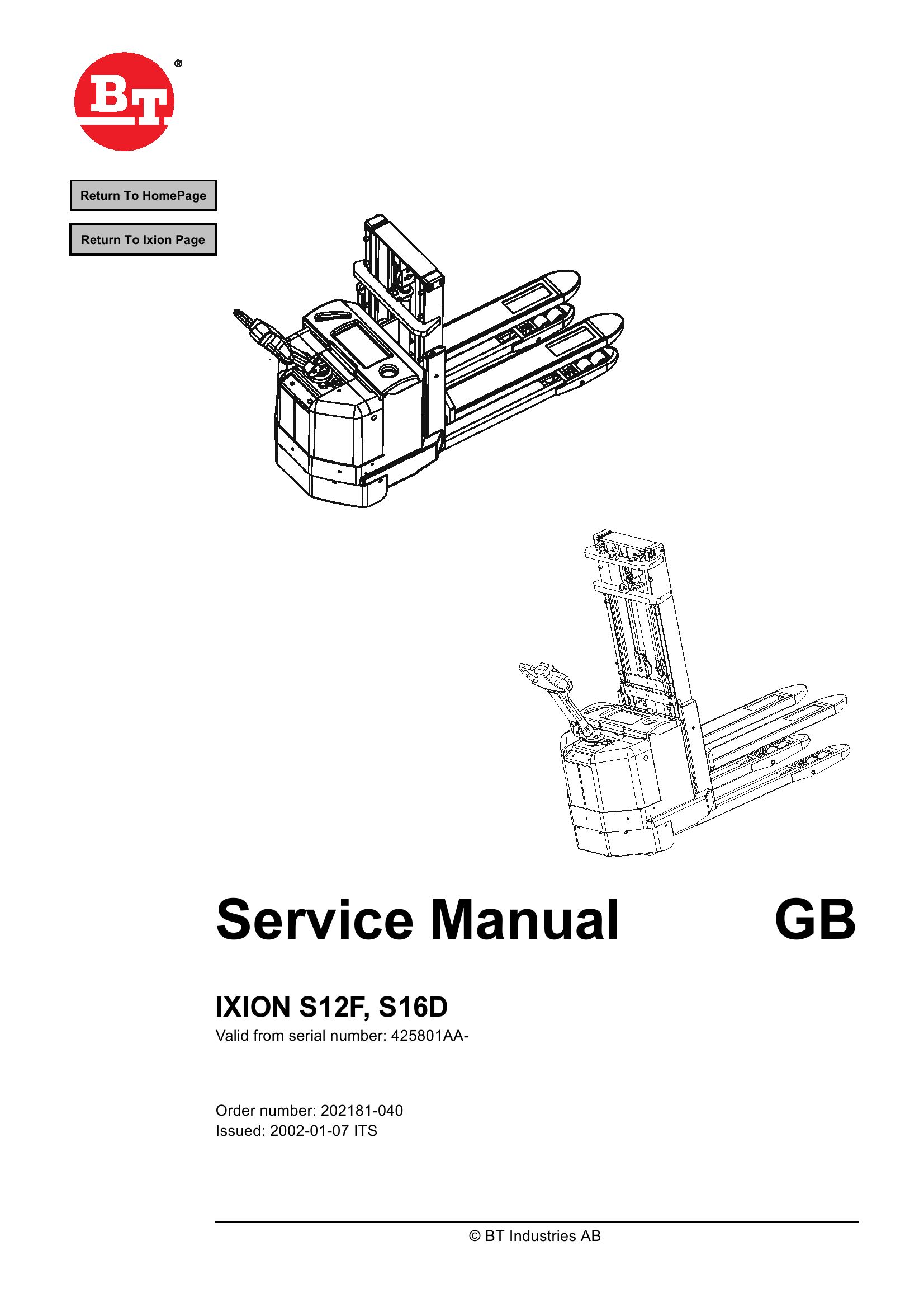 BT Forklift Ixion S12F S16D Service Manual