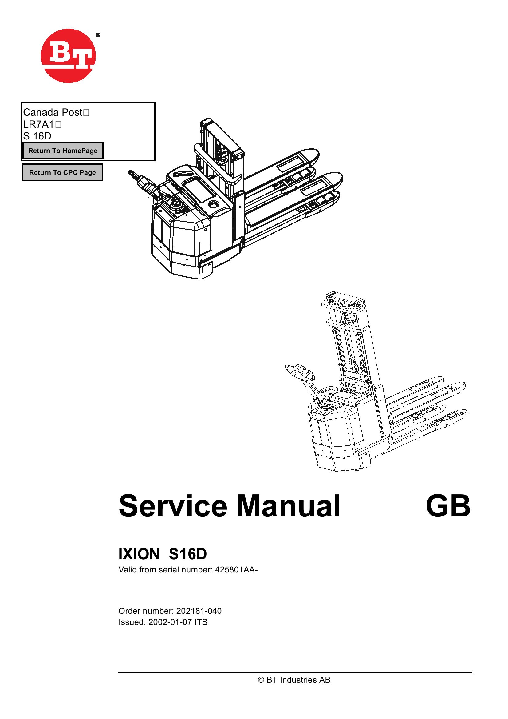 BT Forklift Ixion S16D Service Manual