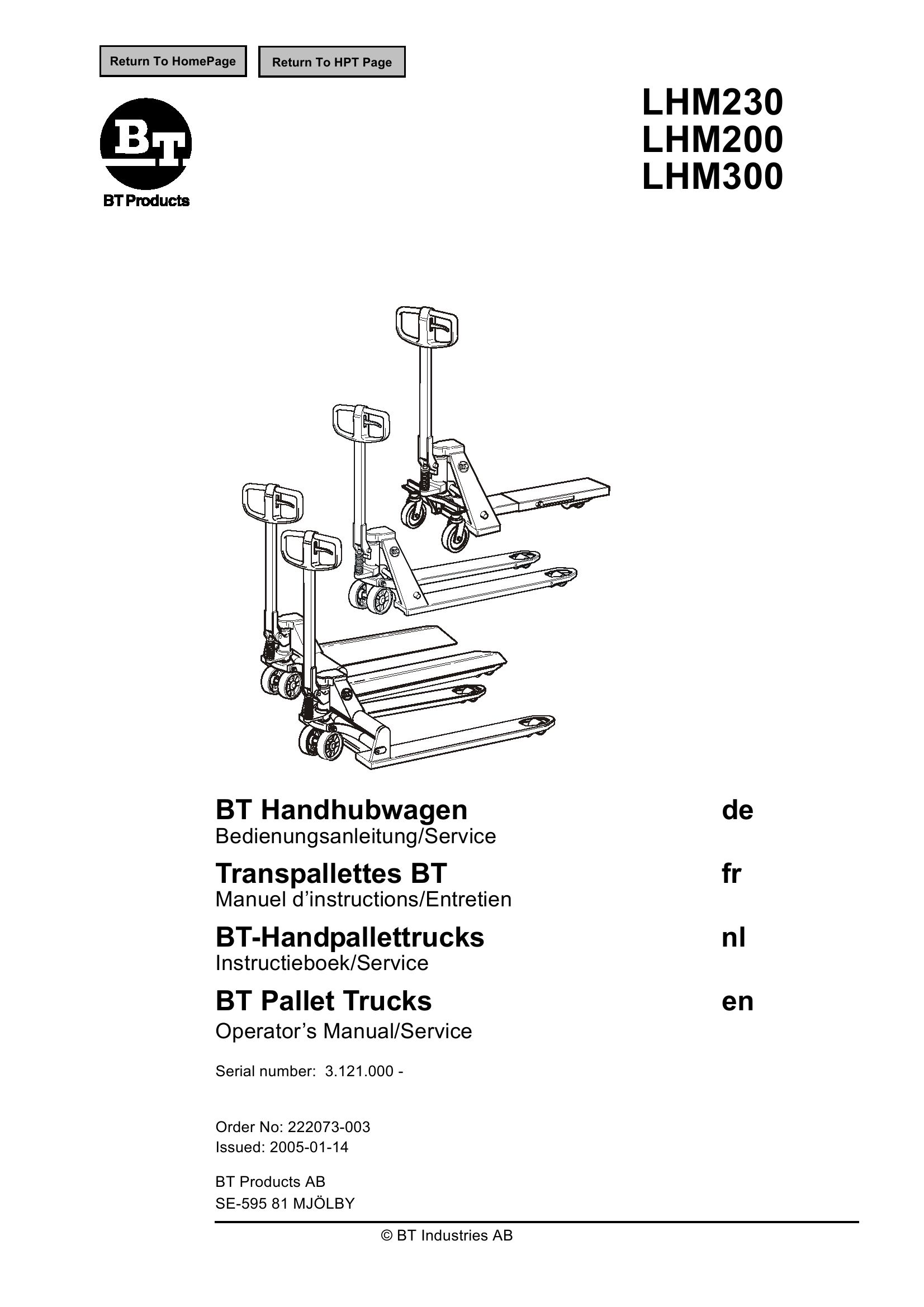 BT Forklift LHM200 LHM230 LHM300 Operators and Service Manual EN DE FR NL