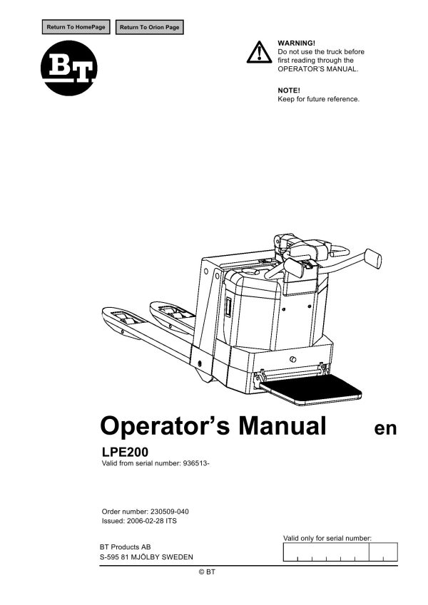 BT Forklift LPE200 Operators Manual