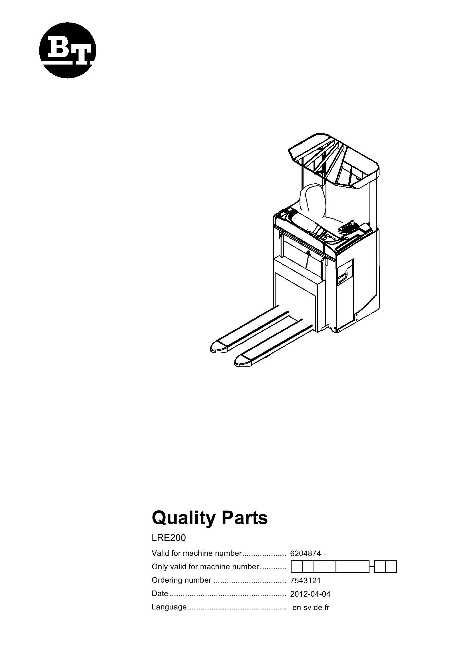 BT Forklift LRE200 Parts Catalog