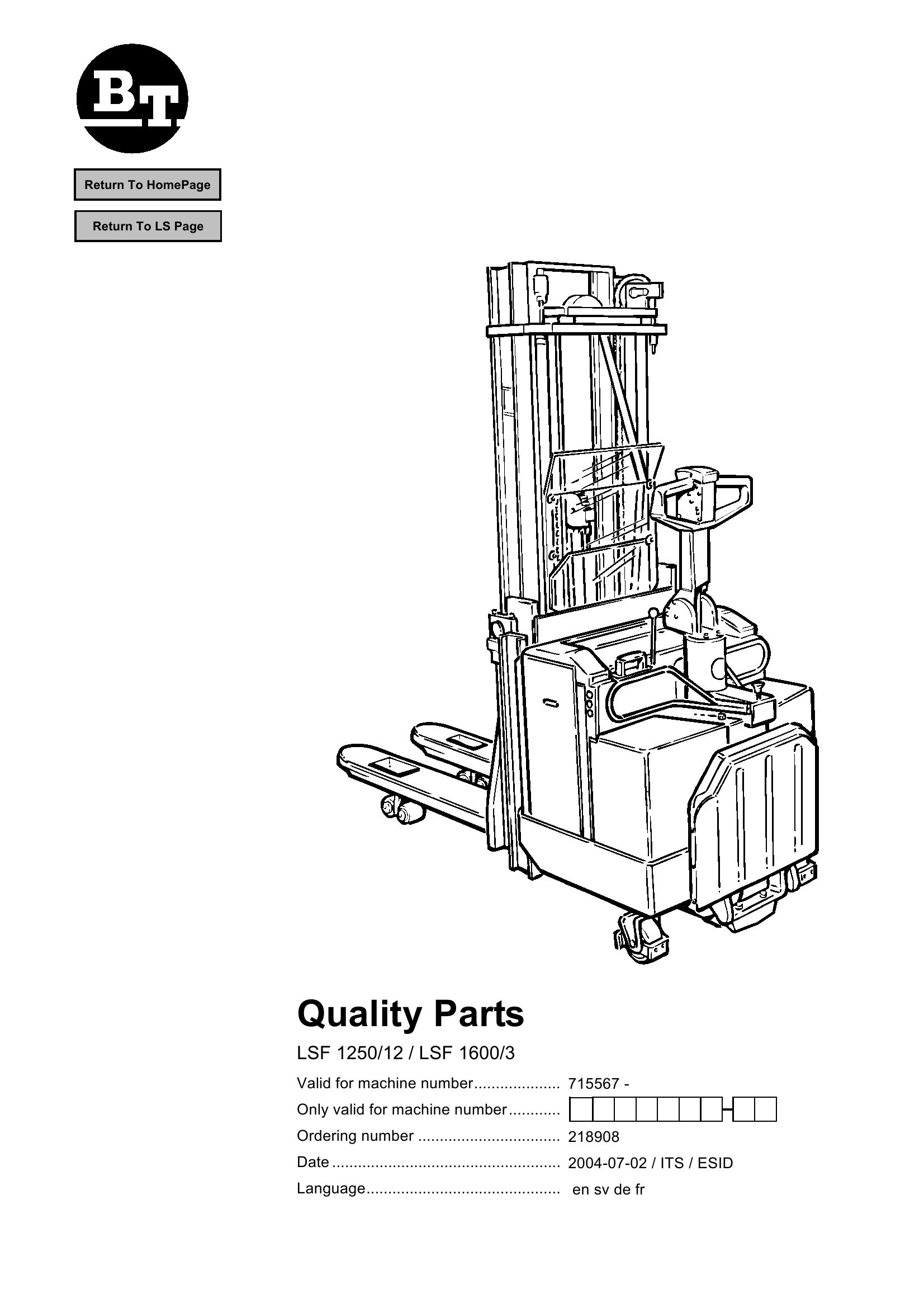 BT Forklift LSF1250 12 LSF1600 3 Parts Manual