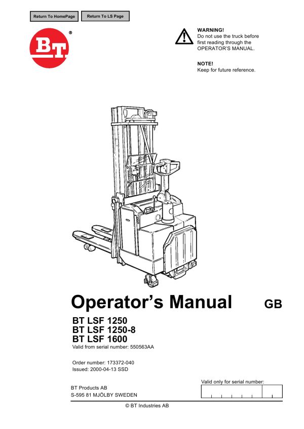 BT Forklift LSF1250 LSF1250 8 LSF1600 Operators Manual