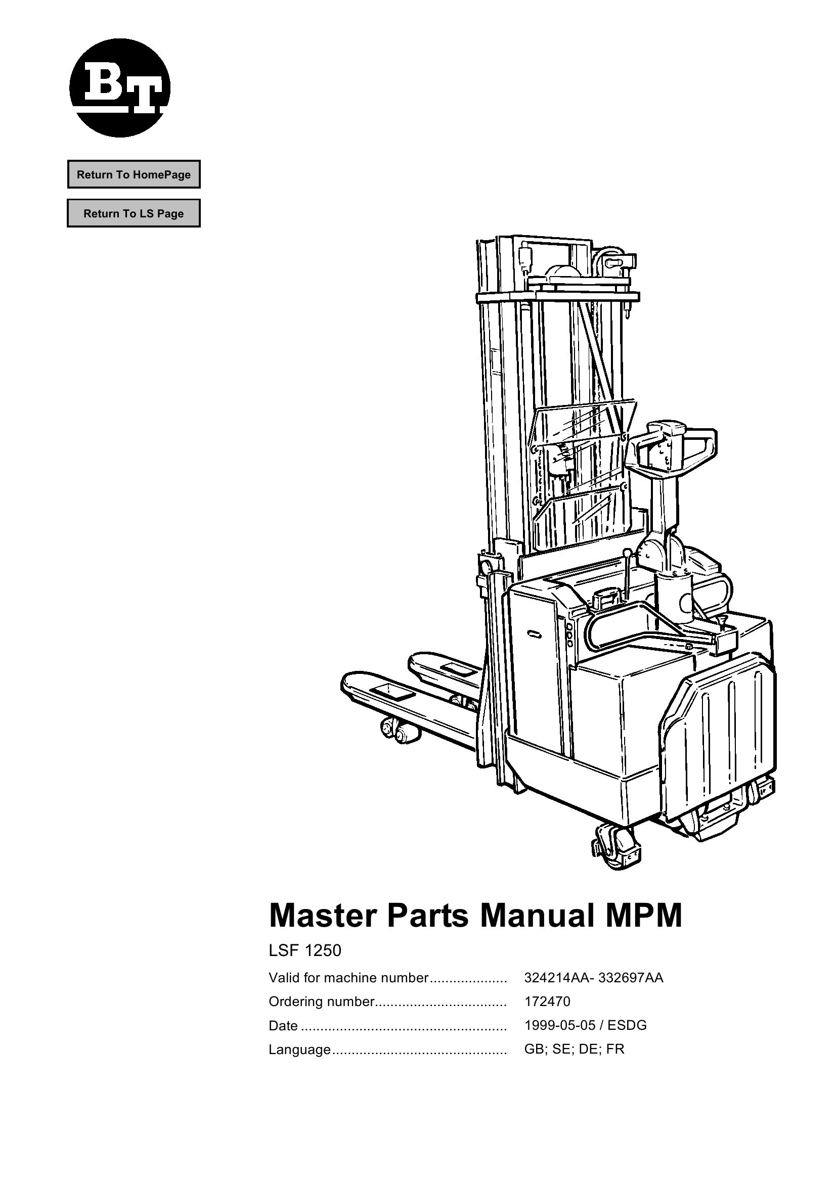 BT Forklift LSF1250 Parts Catalog