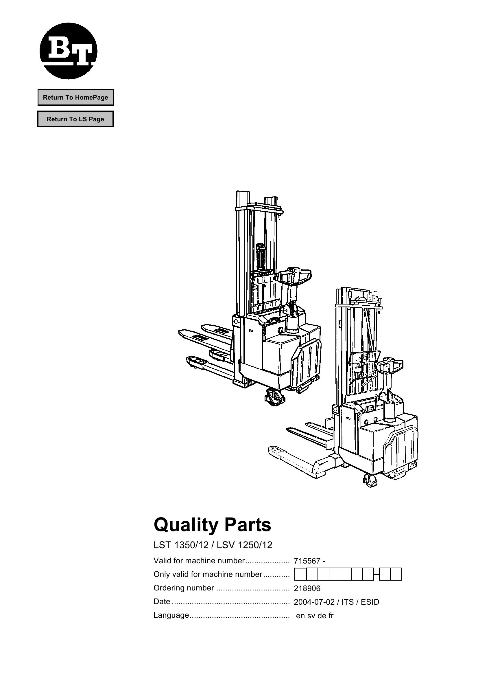 BT Forklift LST1350 12 LSV1250 12 Parts Catalog EN SV DE FR