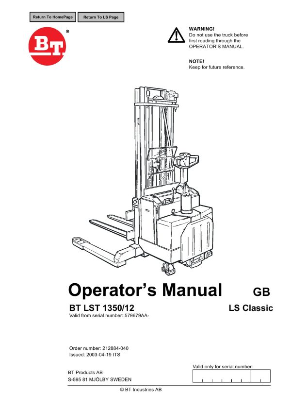 BT Forklift LST1350 12 Operators Manual