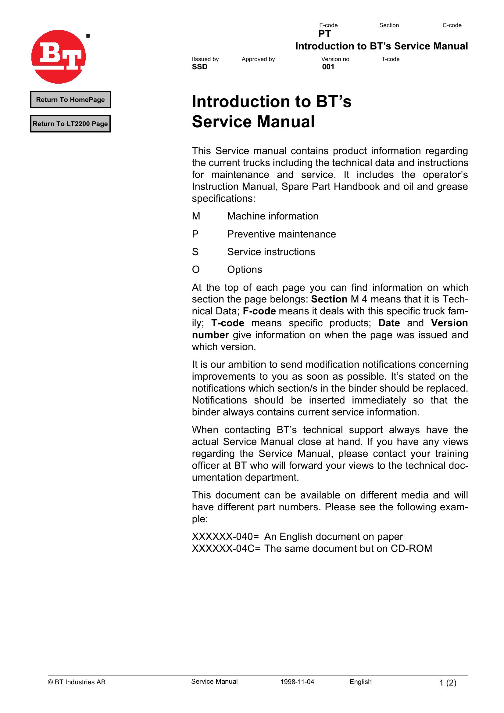 BT Forklift LT2200 Service Manual