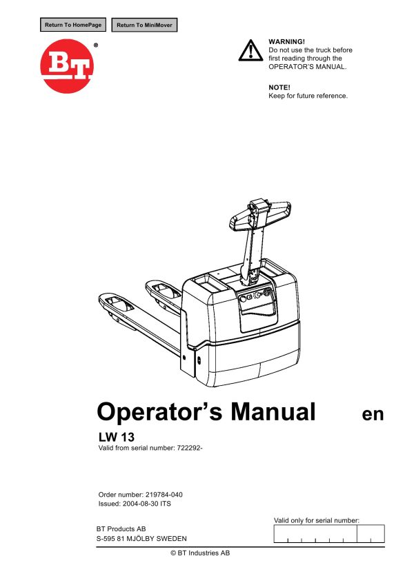 BT Forklift LW13 Operators Manual