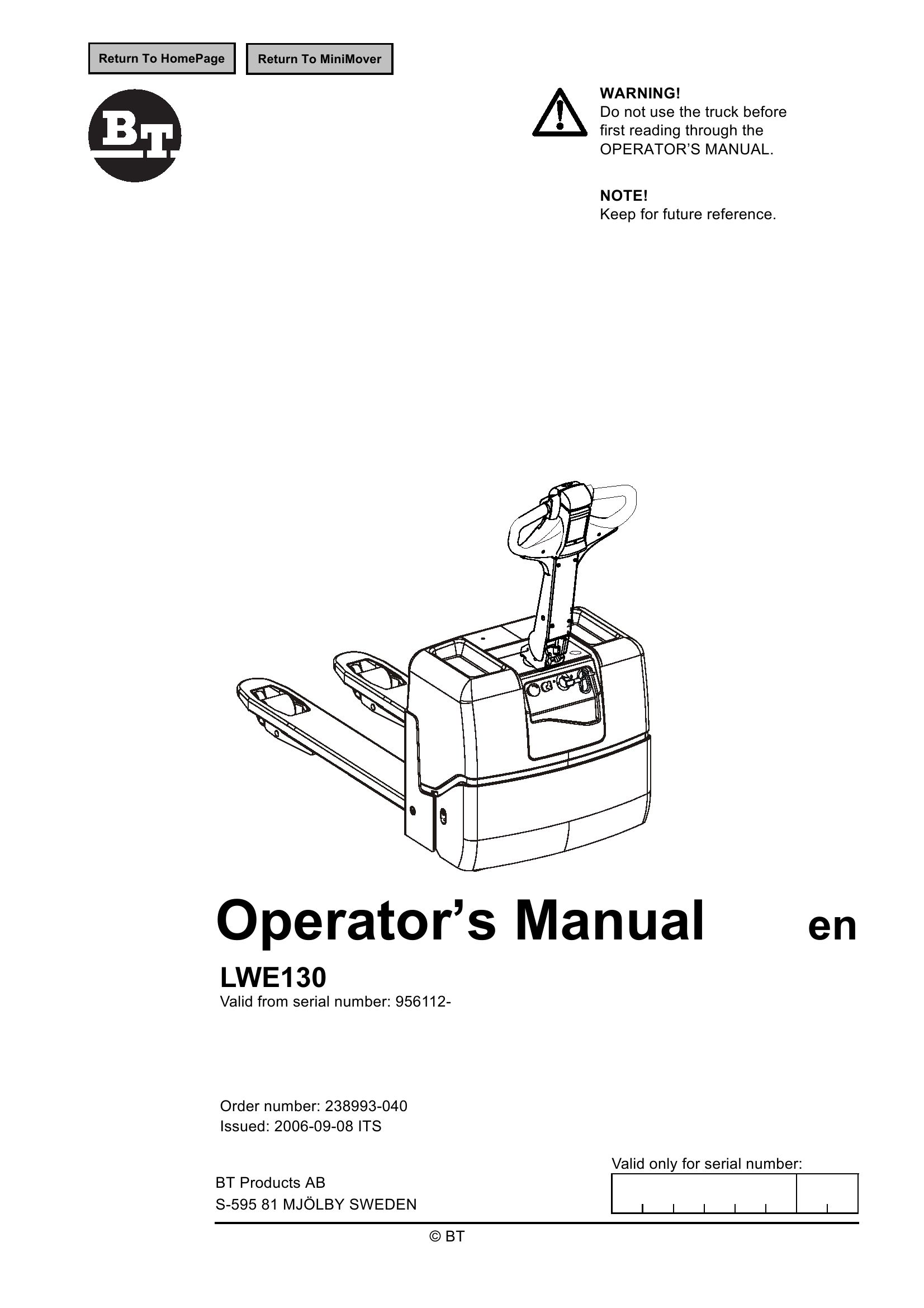 BT Forklift LWE130 Operators Manual