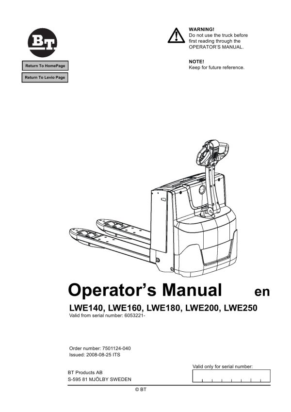 BT Forklift LWE140 LWE160 LWE180 LWE200 LWE250 Operators Manual