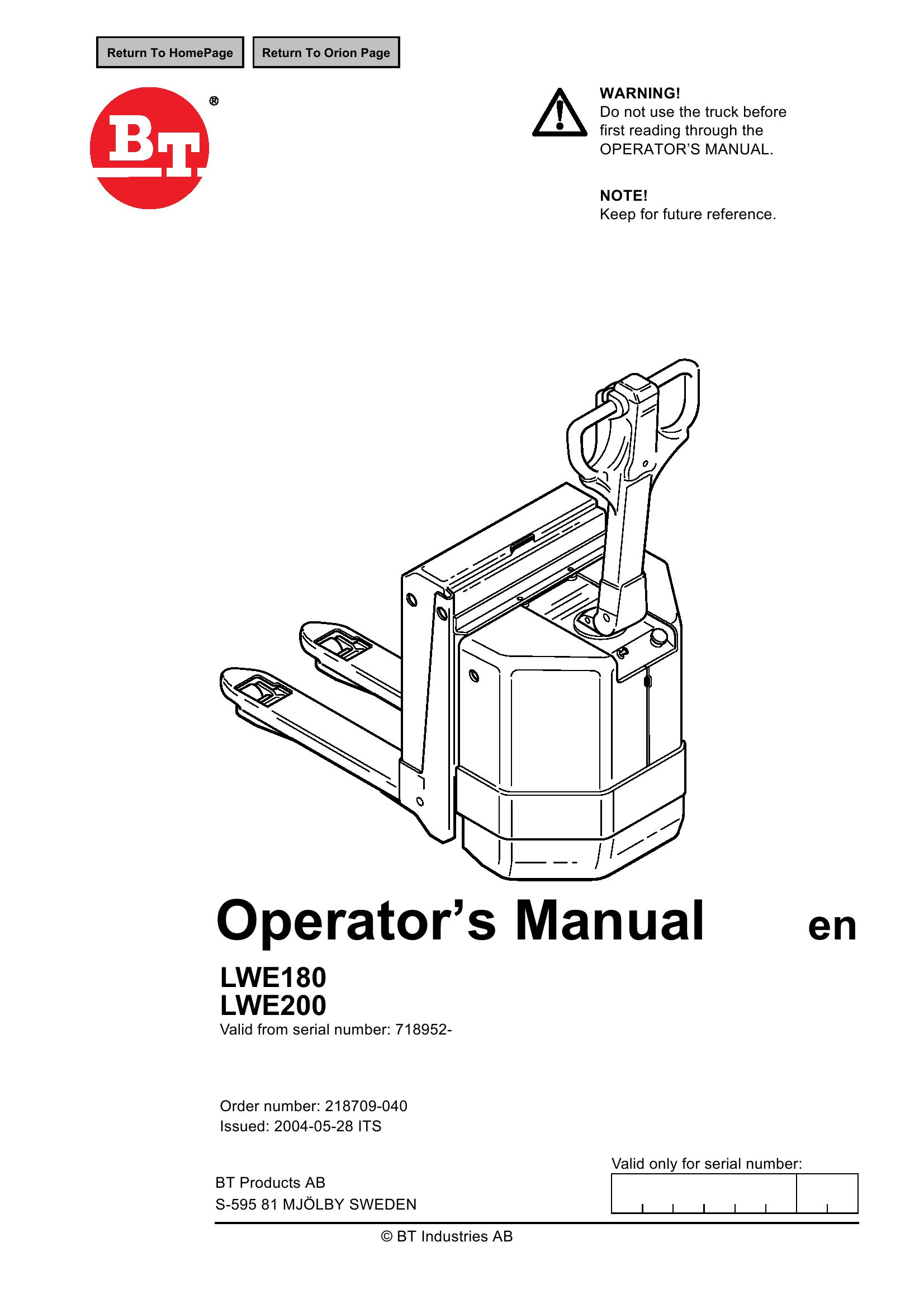 BT Forklift LWE180 LWE200 Operators Manual