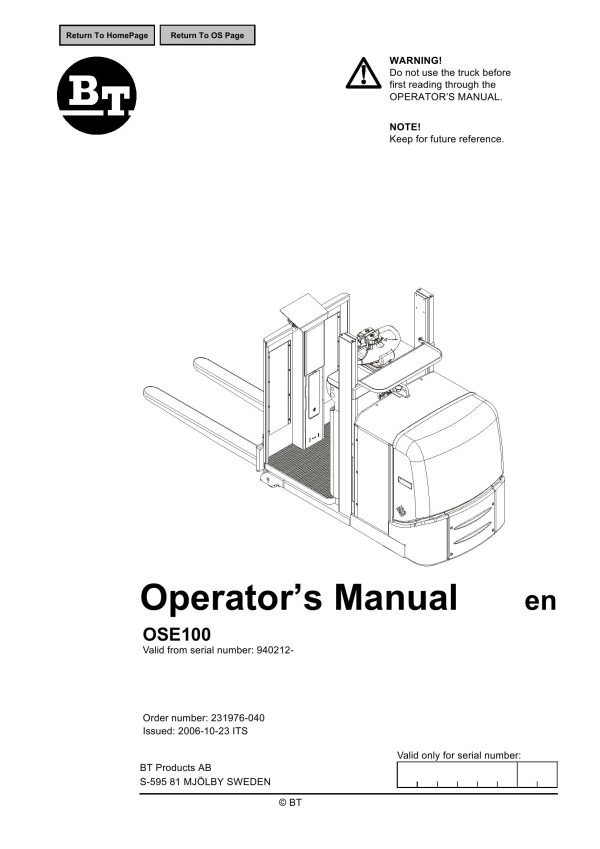 BT Forklift OSE100 Operators Manual