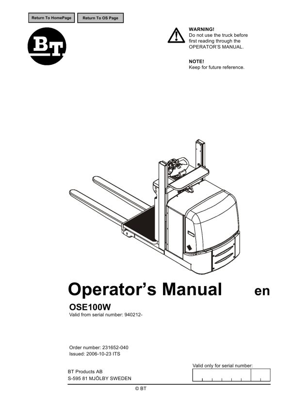 BT Forklift OSE100W Operators Manual
