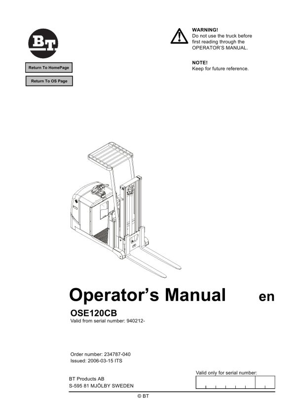 BT Forklift OSE120CB Operators Manual