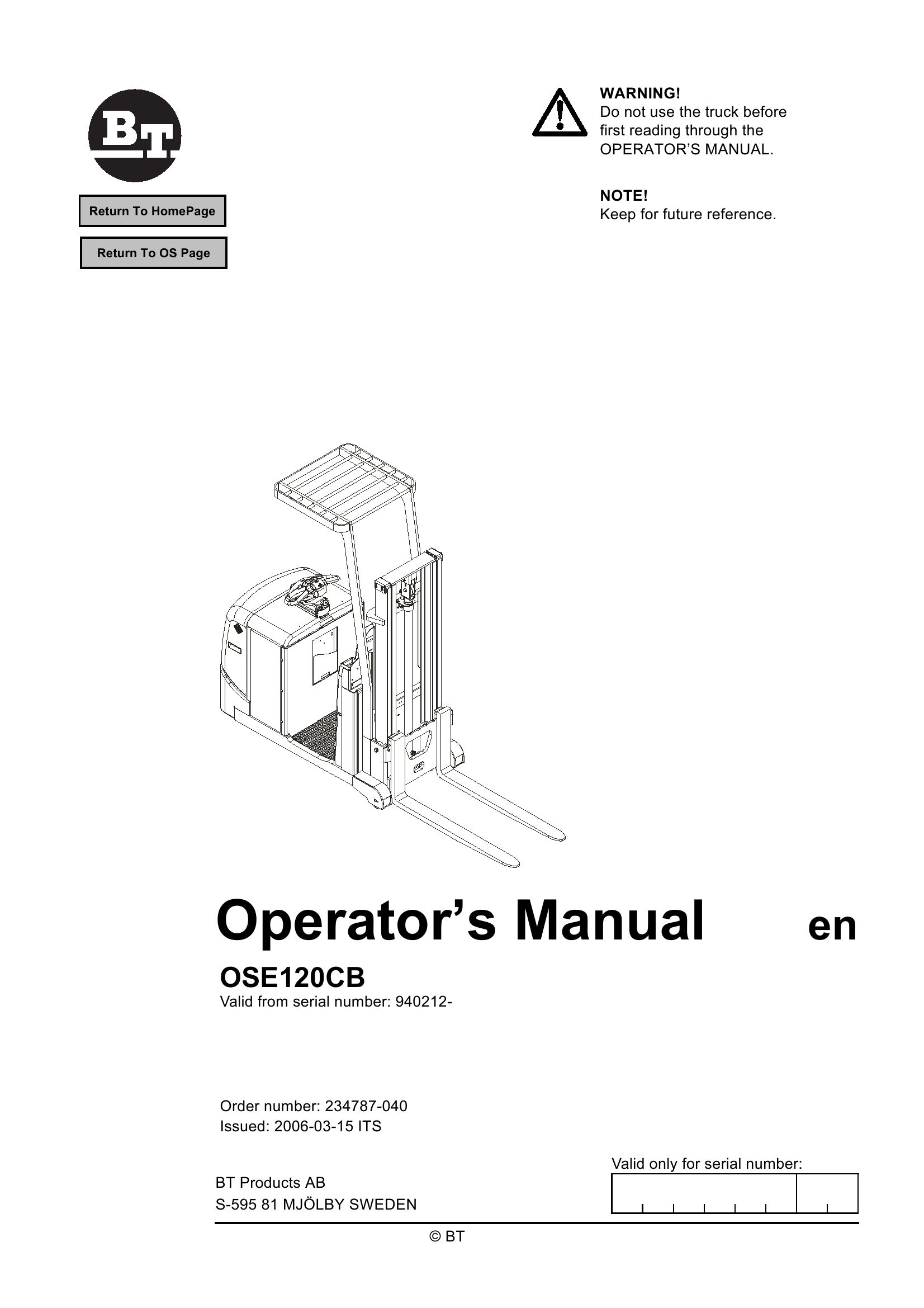 BT Forklift OSE120CB Operators Manual
