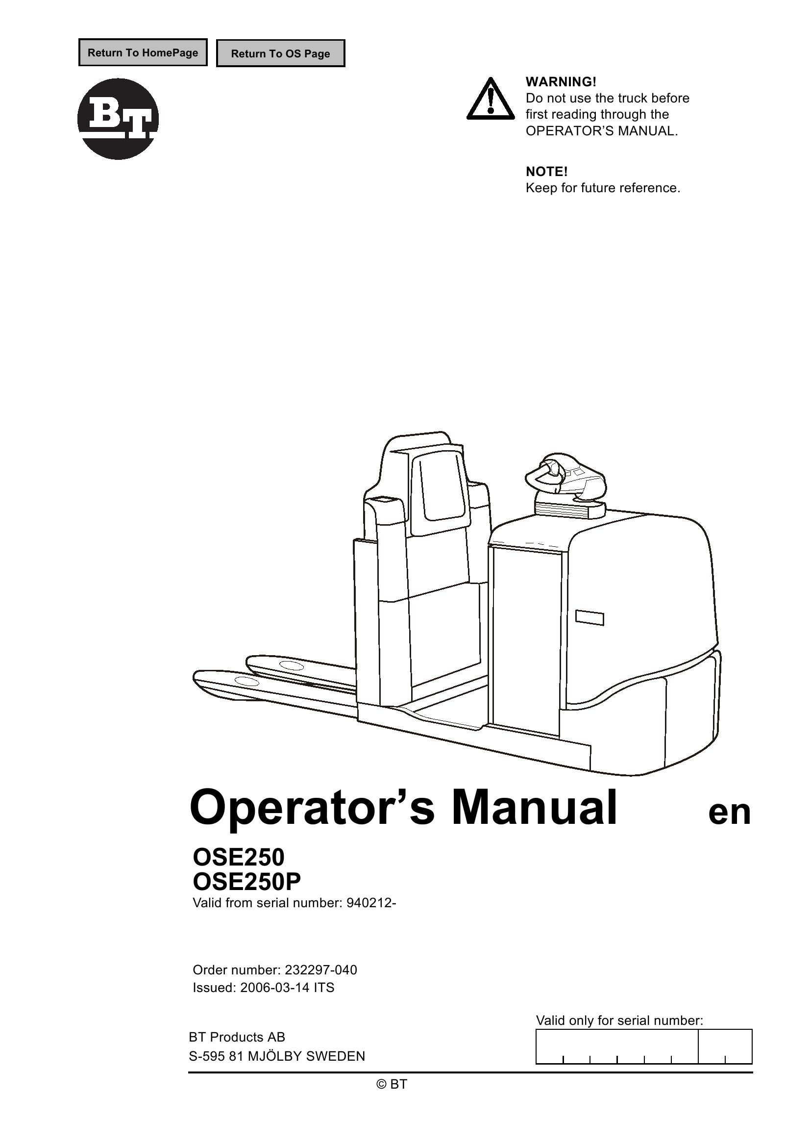 BT Forklift OSE250 OSE250P Operators Manual