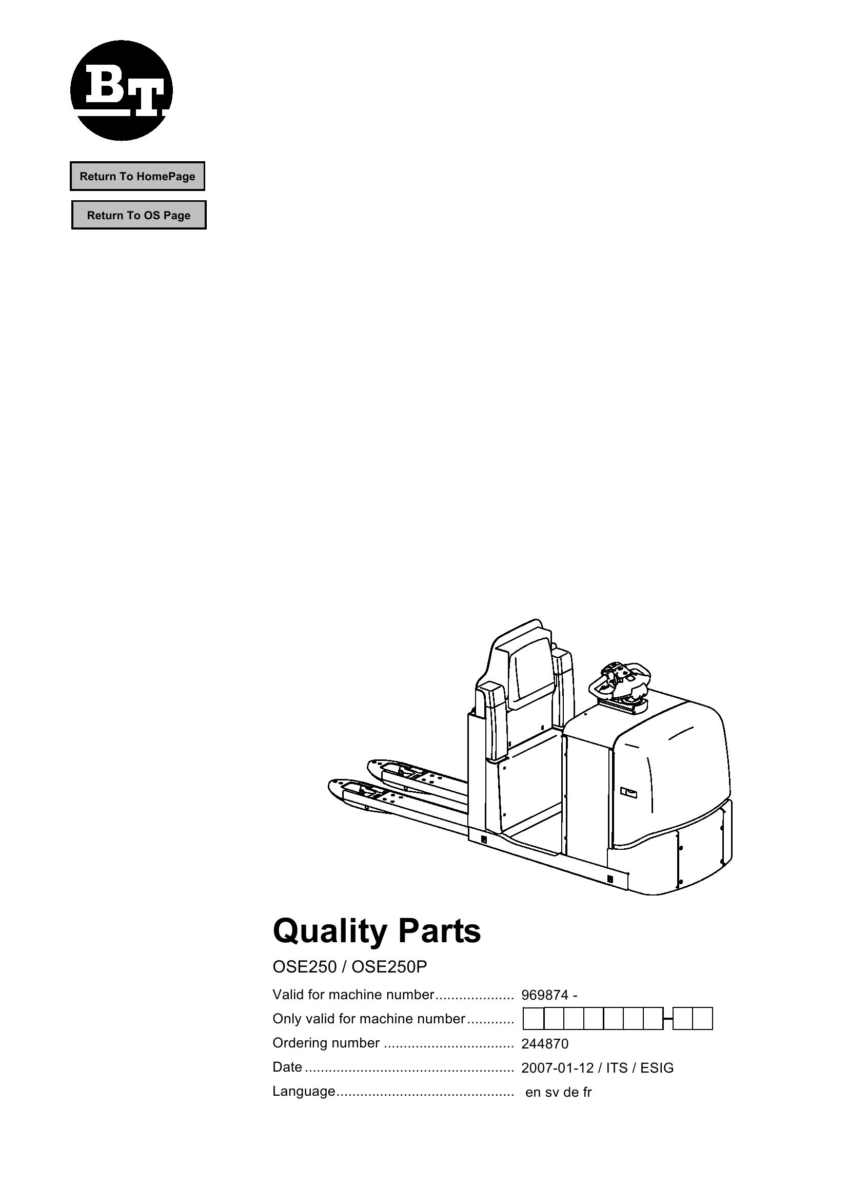 BT Forklift OSE250 OSE250P Parts Catalog EN SV DE FR 1