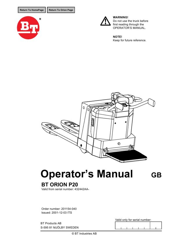 BT Forklift P20 Operators Manual