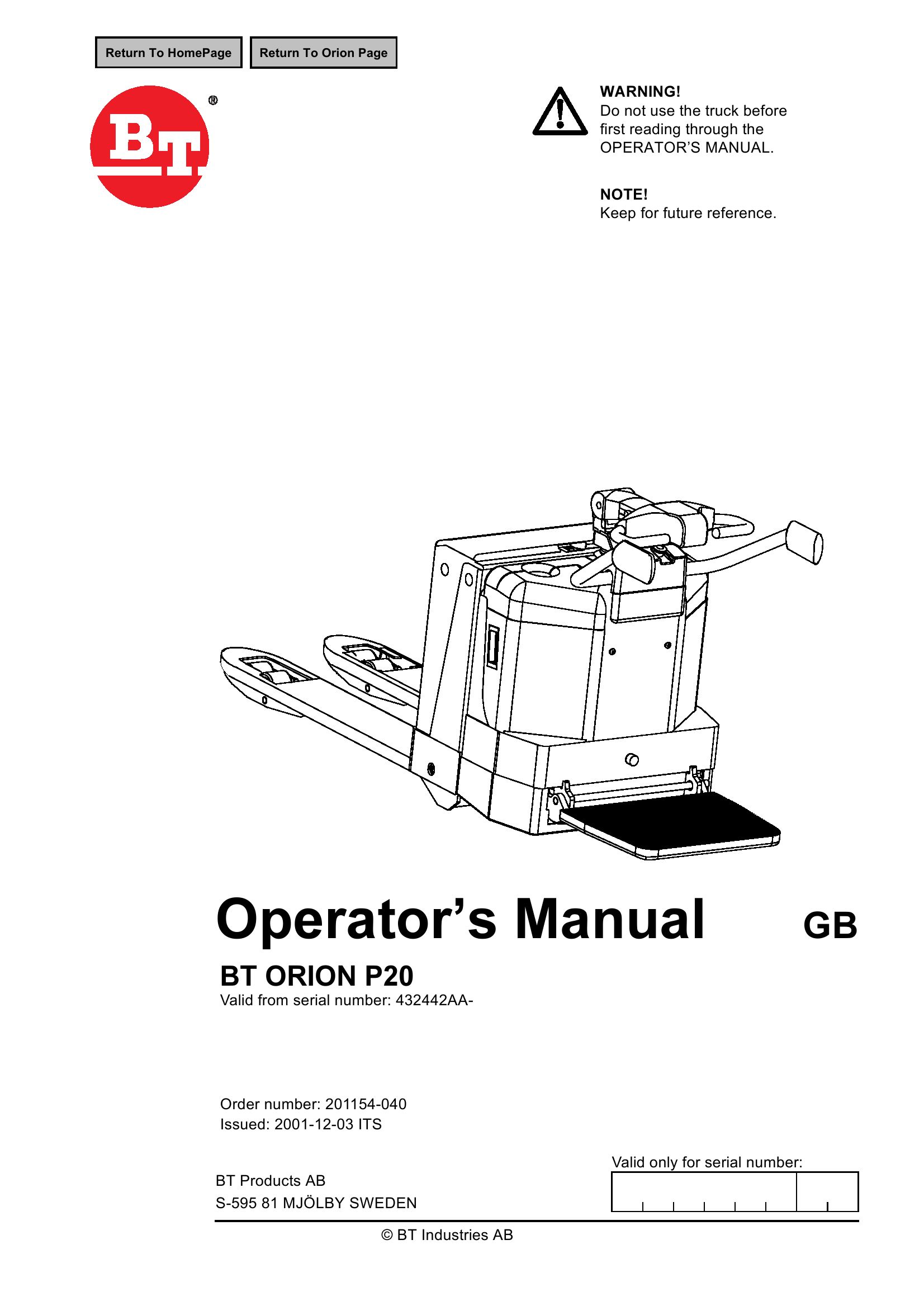 BT Forklift P20 Operators Manual