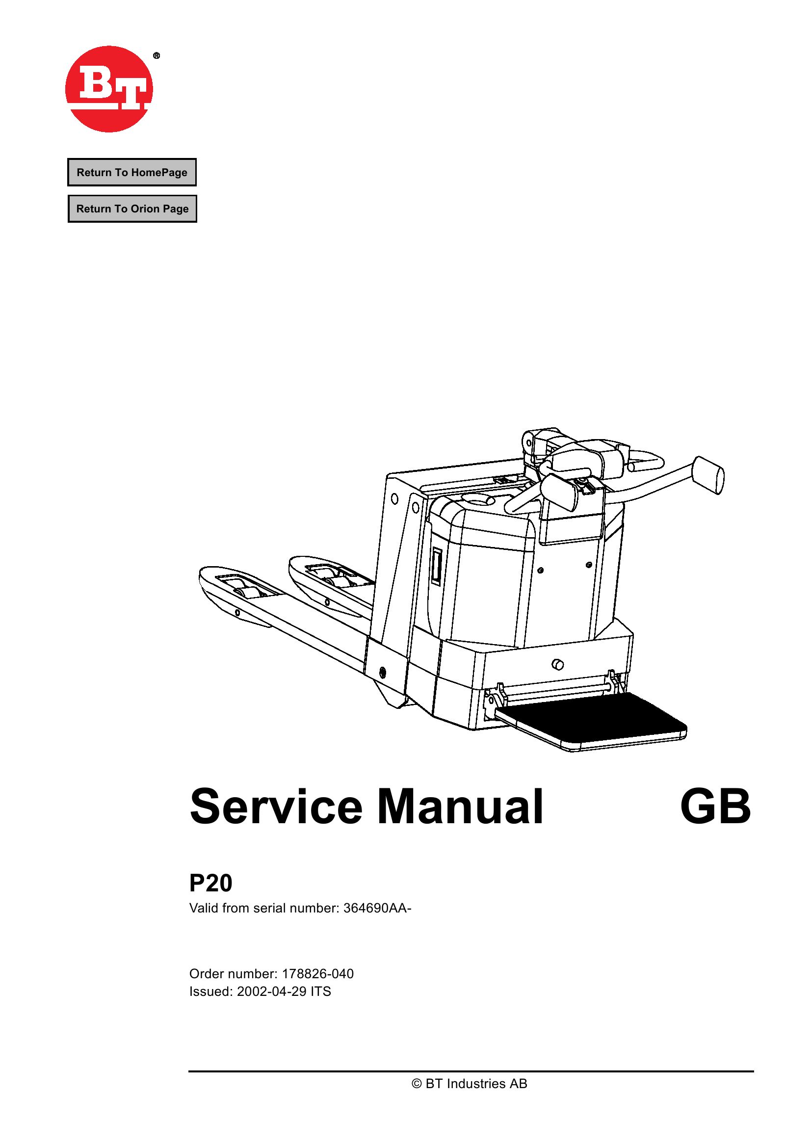 BT Forklift P20 Service Manual